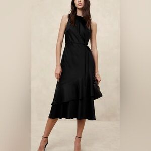 Black Satin Tiered Midi Dress